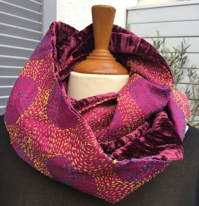 or collar embroidered silk and silk velvet 2 different faces Snood neck tubular scarf UNIQUE TO SEE! circular scarf
