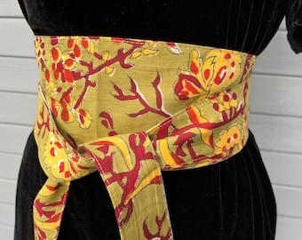 Ceinture OBI style japonaise,  tissu indien block print, rouge, moutarde.. ceinture kimono - réversible uni lin naturel