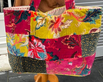 Sac fourre tout, cabas en patchwork de velours - pièce unique