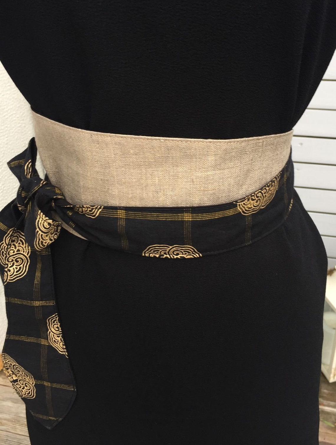 Obi fabric belt central gold linen black and gold back | Etsy