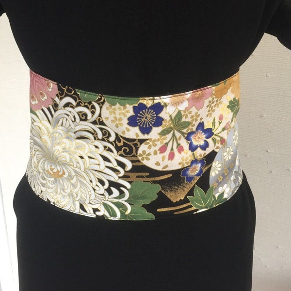 Ceinture large, style obi, tissu japonais, réversible toile noire, ruban organza bleu moiré