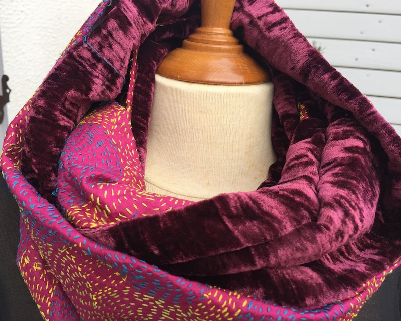 or collar embroidered silk and silk velvet 2 different faces Snood neck tubular scarf UNIQUE TO SEE! circular scarf