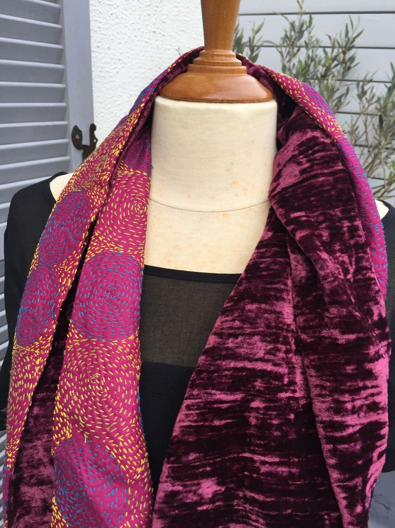 or collar embroidered silk and silk velvet 2 different faces Snood neck tubular scarf UNIQUE TO SEE! circular scarf