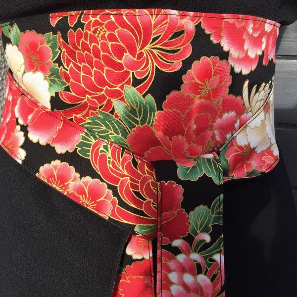 Ceinture obi, tissu japonais, ceinture style Japon, réversible, tissu japonais,  fleurs pivoine sur fond noir, ceinture mariage, cérémonie