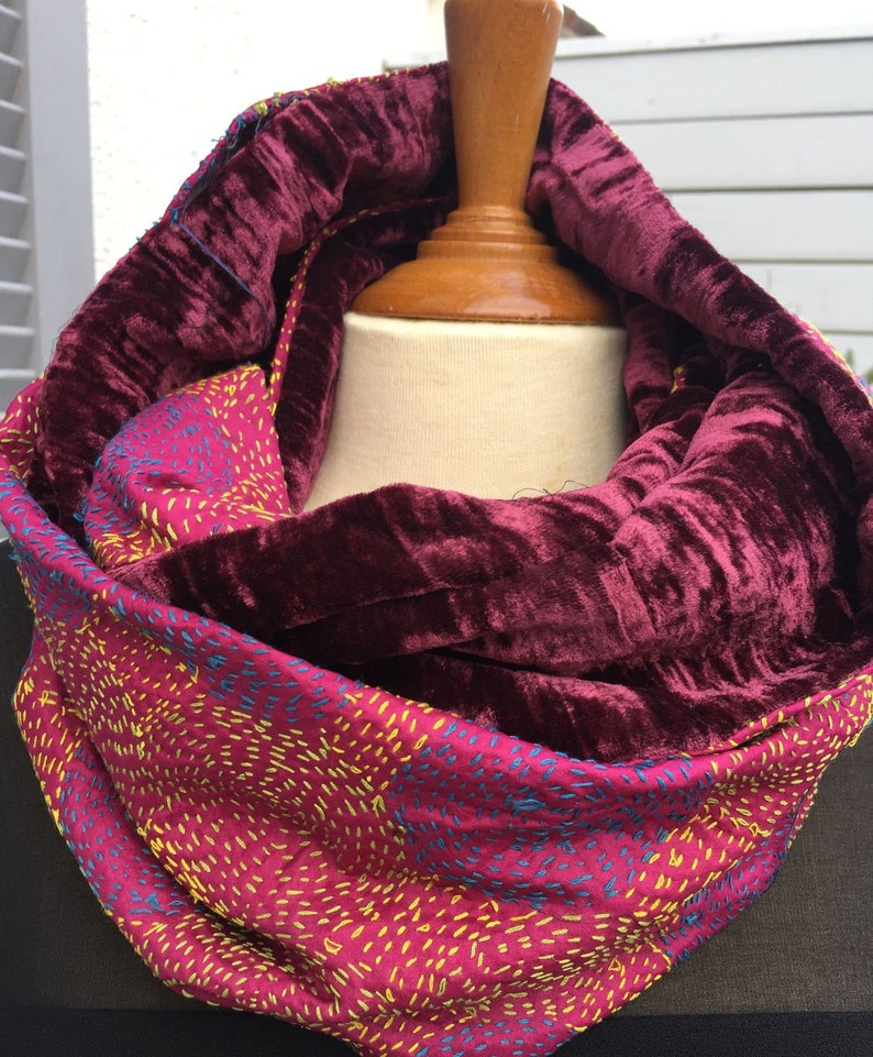 or collar embroidered silk and silk velvet 2 different faces Snood neck tubular scarf UNIQUE TO SEE! circular scarf