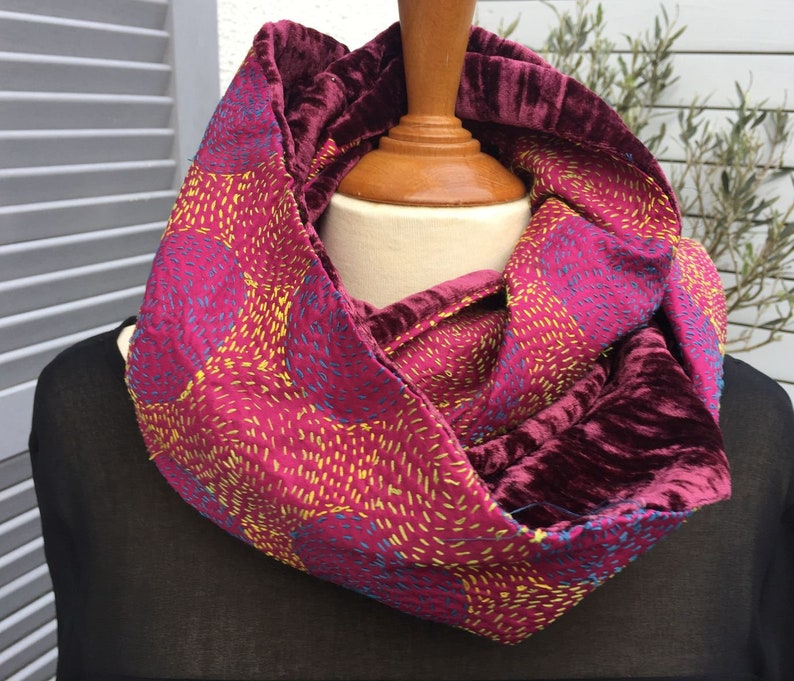 or collar embroidered silk and silk velvet 2 different faces Snood neck tubular scarf UNIQUE TO SEE! circular scarf