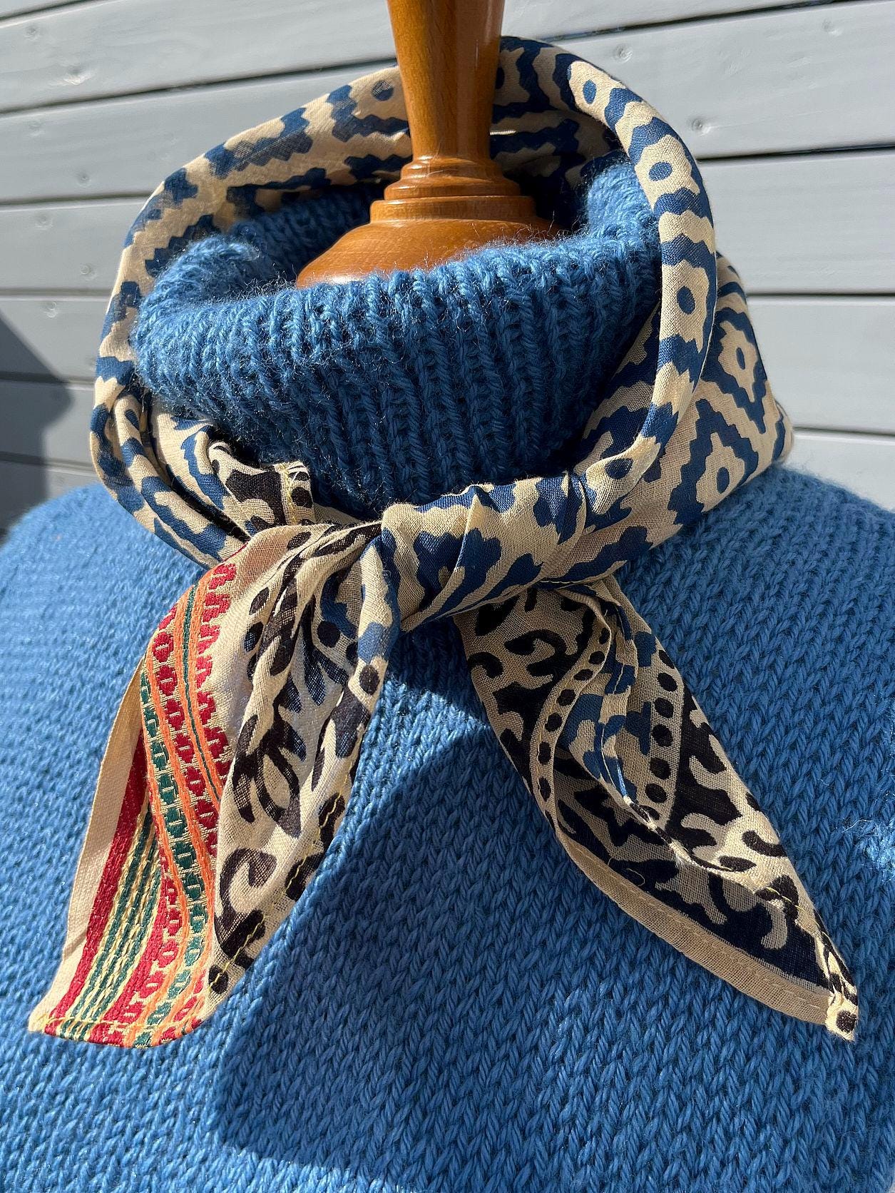 Bandana, Indian cotton voile, asymmetrical patterns, stamp printed, block print + scrunchie