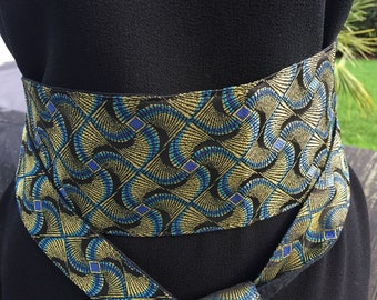 Ceinture obi, ceinture tissu, ceinture style japonais, motifs style wax, réversible lin noir