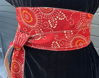 OBI ceinture tissu style  japonaise, coton venant du Japon, fond rouge foncé, réversible lin naturel