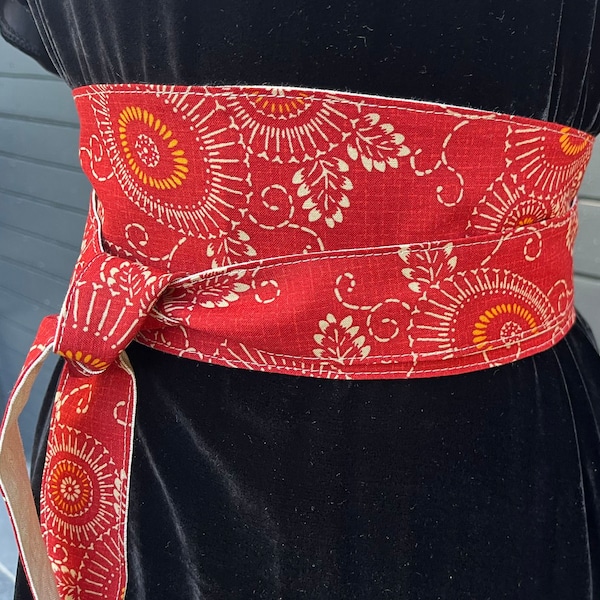 OBI ceinture tissu style  japonaise, coton venant du Japon, fond rouge foncé, réversible lin naturel