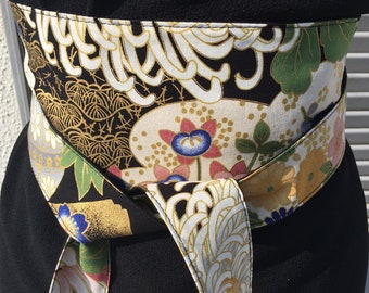 Ceinture tissu japonais, ceinture obi réversible, tissu japonais fleuri stylisées surlignées de doré, fond noir