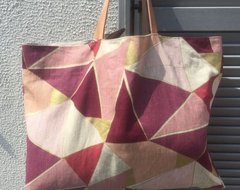 Grand tote bag, fourre tout, 100 % lin, rose, violine et doré, anses cuir naturel, modèle XXL, sac familial