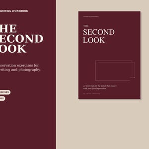 May include: A dark maroon art and writing workbook titled The Second Look, featuring 21 observation exercises for art, writing, and photography. The cover displays white text, a thin line graphic, and notes 21 exercises and 32 pages in total.