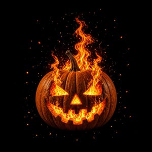 May include: A carved orange pumpkin with a jagged, triangular-eyed face and a wide, toothy grin. Bright orange and yellow flames erupt from the top and through the carved openings, surrounded by floating embers against a solid black background.