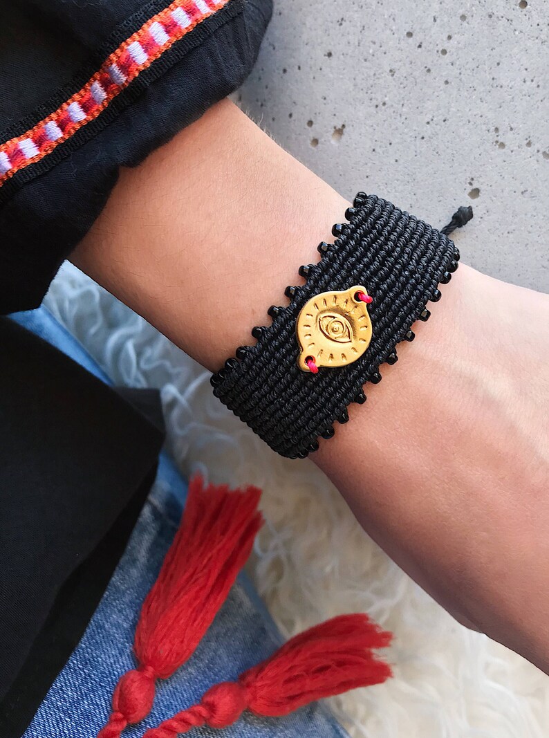 Statement Beaded Bracelet Bohemian Bracelet Black Bracelet Xmas Gift for her Gold Evil Eye Bracelet Micro Macrame Bracelet