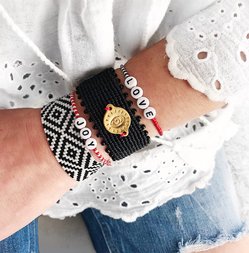 Statement Beaded Bracelet Bohemian Bracelet Black Bracelet Xmas Gift for her Gold Evil Eye Bracelet Micro Macrame Bracelet