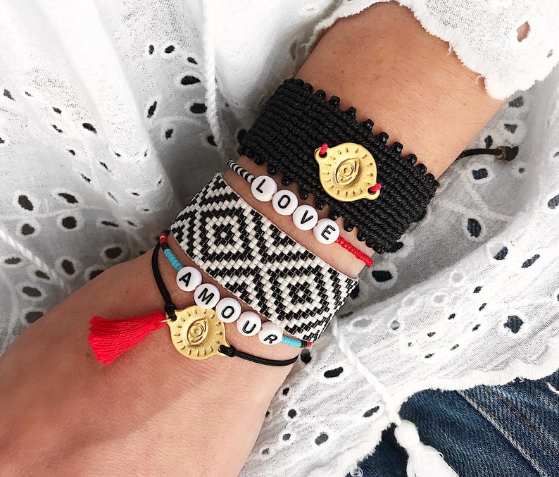 Statement Beaded Bracelet Bohemian Bracelet Black Bracelet Xmas Gift for her Gold Evil Eye Bracelet Micro Macrame Bracelet