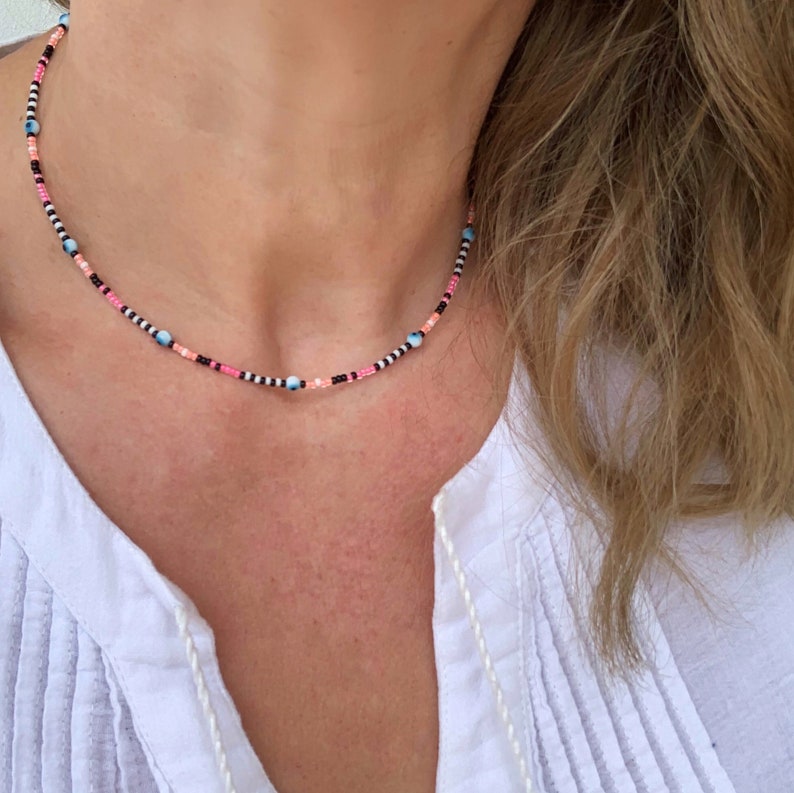 Evil Eye Necklace Neon Bead Necklace Surfer Necklace Etsy