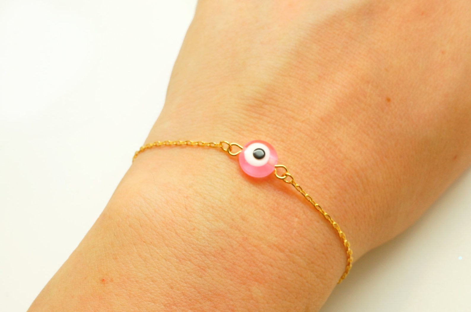 Evil Eye Bracelet Neon Pink Evil Eye Bead on Delicate Gold Etsy
