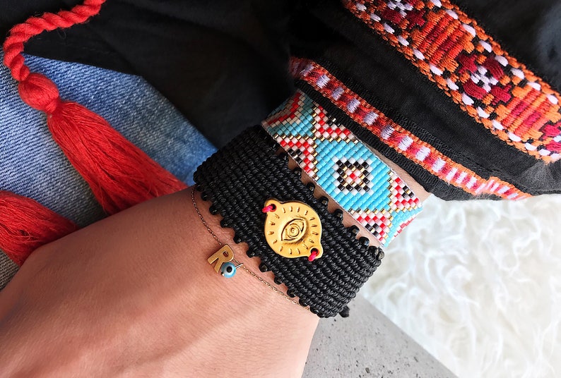 Statement Beaded Bracelet Bohemian Bracelet Black Bracelet Xmas Gift for her Gold Evil Eye Bracelet Micro Macrame Bracelet