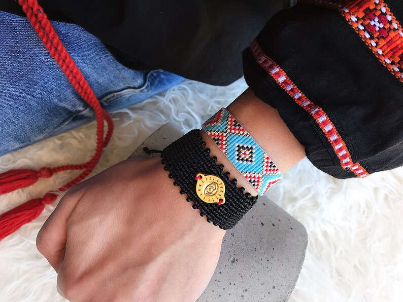 Statement Beaded Bracelet Bohemian Bracelet Black Bracelet Xmas Gift for her Gold Evil Eye Bracelet Micro Macrame Bracelet