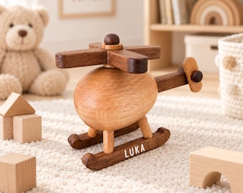 Personalized Wooden Helicopter Toy, Custom Name Gift for Toddler Boy, Montessori Wood Airplane, 1st Birthday Keepsake