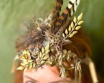 Vintage crown tiara garland hand-made unique brass findings millinery flowers leaves wedding bride festival pixie one of a kind creation art