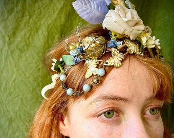 Vintage crown tiara garland hand-made unique brass findings millinery flowers leaves wedding bride festival pixie one of a kind creation art