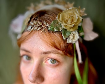 Vintage crown tiara garland hand-made unique brass findings millinery flowers leaves wedding bride festival pixie one of a kind creation art