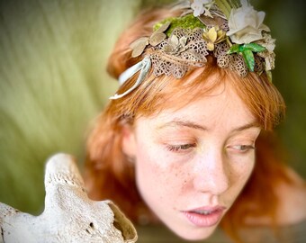 Vintage crown tiara garland hand-made unique brass findings millinery flowers leaves wedding bride festival pixie one of a kind creation art