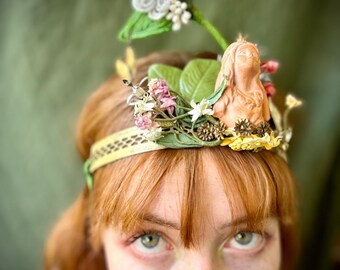 Vintage crown tiara garland hand-made unique brass findings millinery flowers leaves wedding bride festival pixie one of a kind creation art