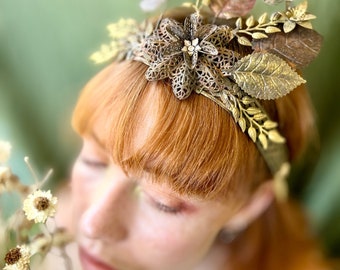 Vintage crown tiara garland hand-made unique brass findings millinery flowers leaves wedding bride festival pixie one of a kind creation art