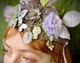 Vintage crown tiara garland hand-made unique brass findings millinery flowers leaves wedding bride festival pixie one of a kind creation art