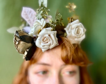 Vintage crown tiara garland hand-made unique brass findings millinery flowers leaves wedding bride festival pixie one of a kind creation art