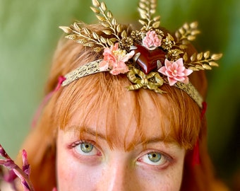 Vintage crown tiara garland hand-made unique brass findings millinery flowers leaves wedding bride festival pixie one of a kind creation art