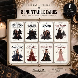Op de afbeelding: Een set van acht printbare kaarten met ACOTAR-geïnspireerde illustraties en tekst. Elke kaart toont een uniek personage of locatie met titels zoals Rhysand, Azriel, Cassian, The Prison, Night Court, Velaris, House of Wind en Elain's Garden.