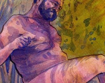 May include: A watercolor painting of a nude person with a beard, standing in a forest setting. The person is facing away from the viewer, with their leg raised and their head turned to the side. The background is a mix of green, yellow, and blue.