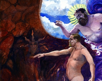 May include: A watercolor painting depicting a nude man standing in front of a fiery abyss, reaching out to a bearded man with wings, who is emerging from a swirling cloud in the sky.