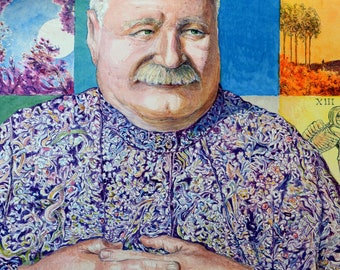 May include: A watercolor painting of a man with white hair and a mustache wearing a purple shirt with a floral pattern. The painting is divided into nine squares, each with a different image. The top left square shows a hand holding a green branch with a red flower. The top middle square shows a purple and pink watercolor wash. The top right square shows a man with a beard wearing a green hat and a red and yellow flower on his hat. The middle left square shows a night sky with a full moon and trees. The middle middle square shows the man's face. The middle right square shows a blue sky with trees in the distance. The bottom left square shows a green background. The bottom middle square shows the man's hands clasped together. The bottom right square shows a skeleton holding a scythe.