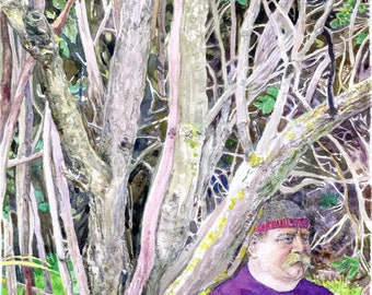 May include: A watercolor painting of a man wearing a red and white striped hat, a purple shirt, and a mustache. He is standing in front of a thicket of trees with many branches.