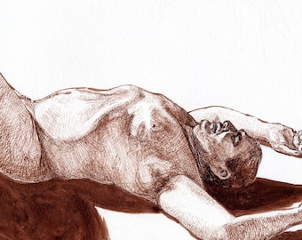 Reclining Male Nude in Brown Ink