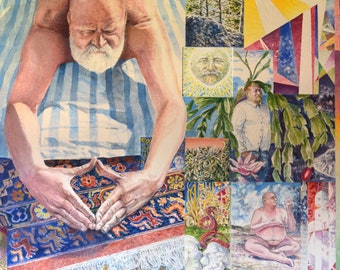 May include: A colorful, abstract painting with a collage-like style. The painting features a variety of images, including a man lying on a bed, a sun with a face, a man standing in a garden, and a group of people in a forest. The painting is done in a realistic style with vibrant colors.