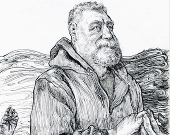 May include: A detailed pen and ink illustration of a man with a full beard and hooded jacket, set against a backdrop of stylized water. The artwork depicts a dramatic scene with a hand reaching out from the water.