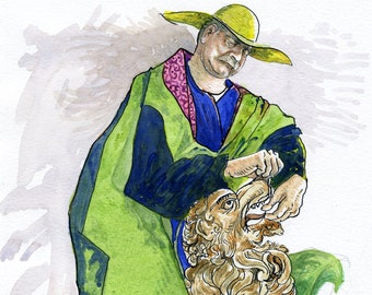 May include: A watercolor painting of a man wearing a green and blue robe and a yellow hat. He is holding a lion by the mouth. The text "LA FORCE JANUARY 8" is at the bottom of the image.