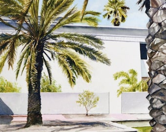 May include: A watercolor painting of a palm tree trunk with a pool of water in the background. The palm tree trunk is brown and textured. The pool of water is green and surrounded by a white wall.