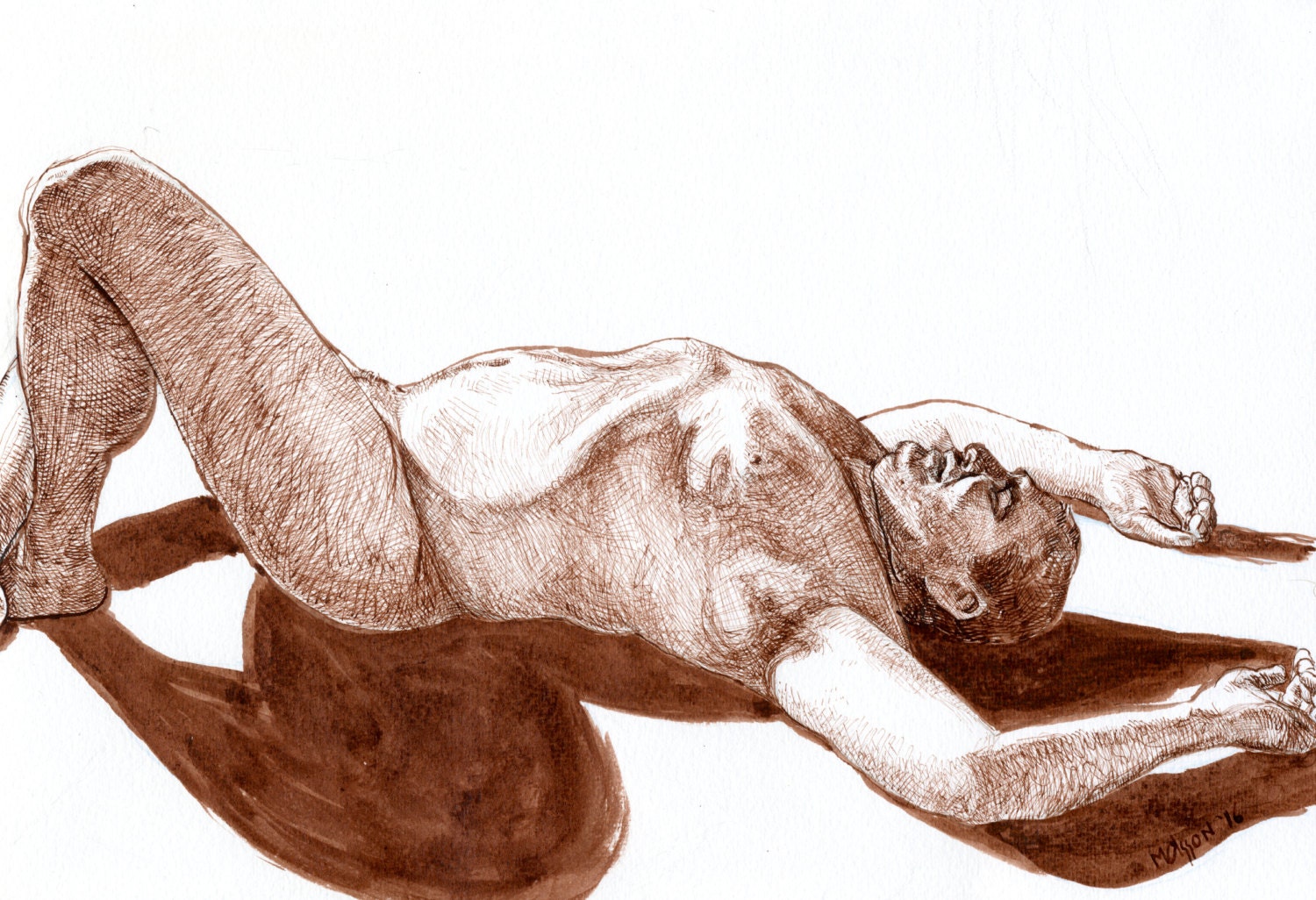 Liegen De Male Nude In Brown Ink Etsy