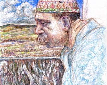 May include: A colored pencil drawing of a man wearing a patterned red and green cap, looking out a window. The man has a mustache and is wearing a light blue garment. The background shows a landscape with a cloudy sky.