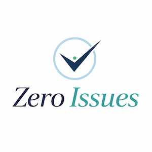 May include: A logo featuring a light blue circle containing a dark blue checkmark with a small green dot above the center. Below the icon, the text Zero Issues is written in a serif font, with Zero in dark blue and Issues in a teal green color.