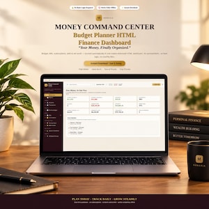 Peut inclure: Un ordinateur portable affichant le tableau de bord financier et le planificateur budgétaire Money Command Center. L'écran présente des données financières, incluant revenus, dépenses et valeur nette, avec une interface claire et sombre.
