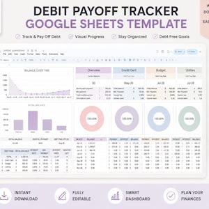 Può includere: Un modello digitale Google Sheets per il monitoraggio del rimborso dei debiti con una dashboard che include un grafico a linee del saldo nel tempo, grafici a barre e quattro grafici ad anello per i dettagli finanziari.